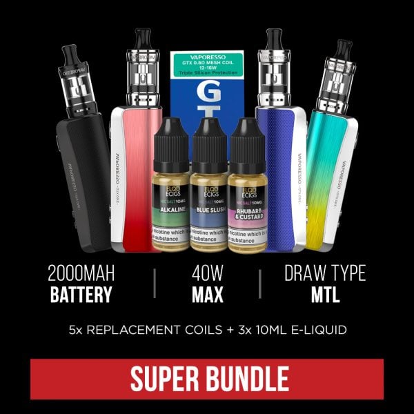 Vaporesso Gtx One Super Bundle Comes With 5 Replacement Coils And 3 10Ml Bottles Of E-Liquid