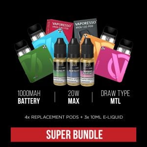 Vaporesso XROS 3 Nano Super bundle deal comes with 4 replacement pods and 3 10ml bottles of E-Liquid of your choice