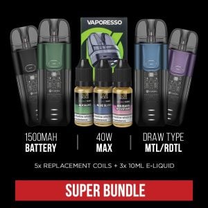 Vaporesso LUXE X Super Bundle comes with 4 replacement pods and 3 bottles of E-Liquid, for a very good Vape Deal