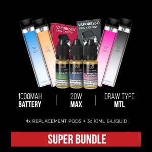 Vaporesso XROS 3 super bundle deal comes with 4 replacement pods and 3 bottles of E-Liquid of your choice for a very good deal!